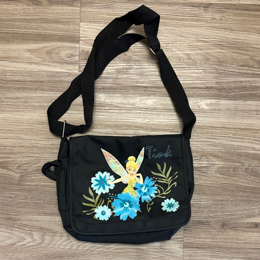 Disney Tinker Bell Black Crossbody Bag with Blue Floral Print